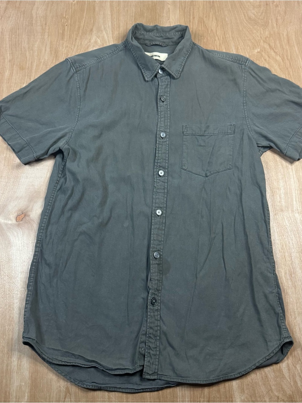Buck Mason Mens Gray Solid Woven Cotton Short Sleeve Point Collar Shirt Medium.